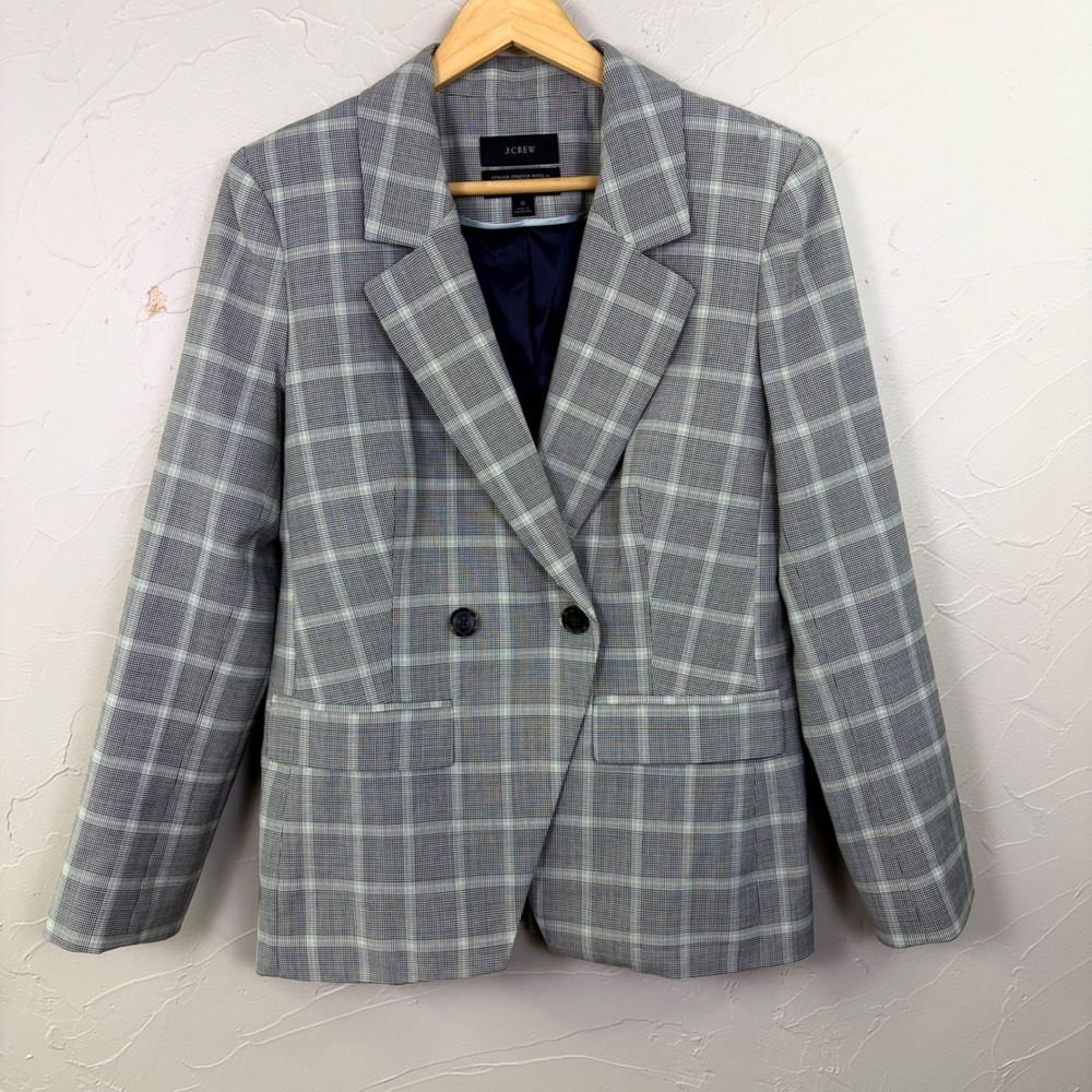 J.Crew Plaid Italian Wool Blazer Women 6 Grey Double Breasted Dark Academia